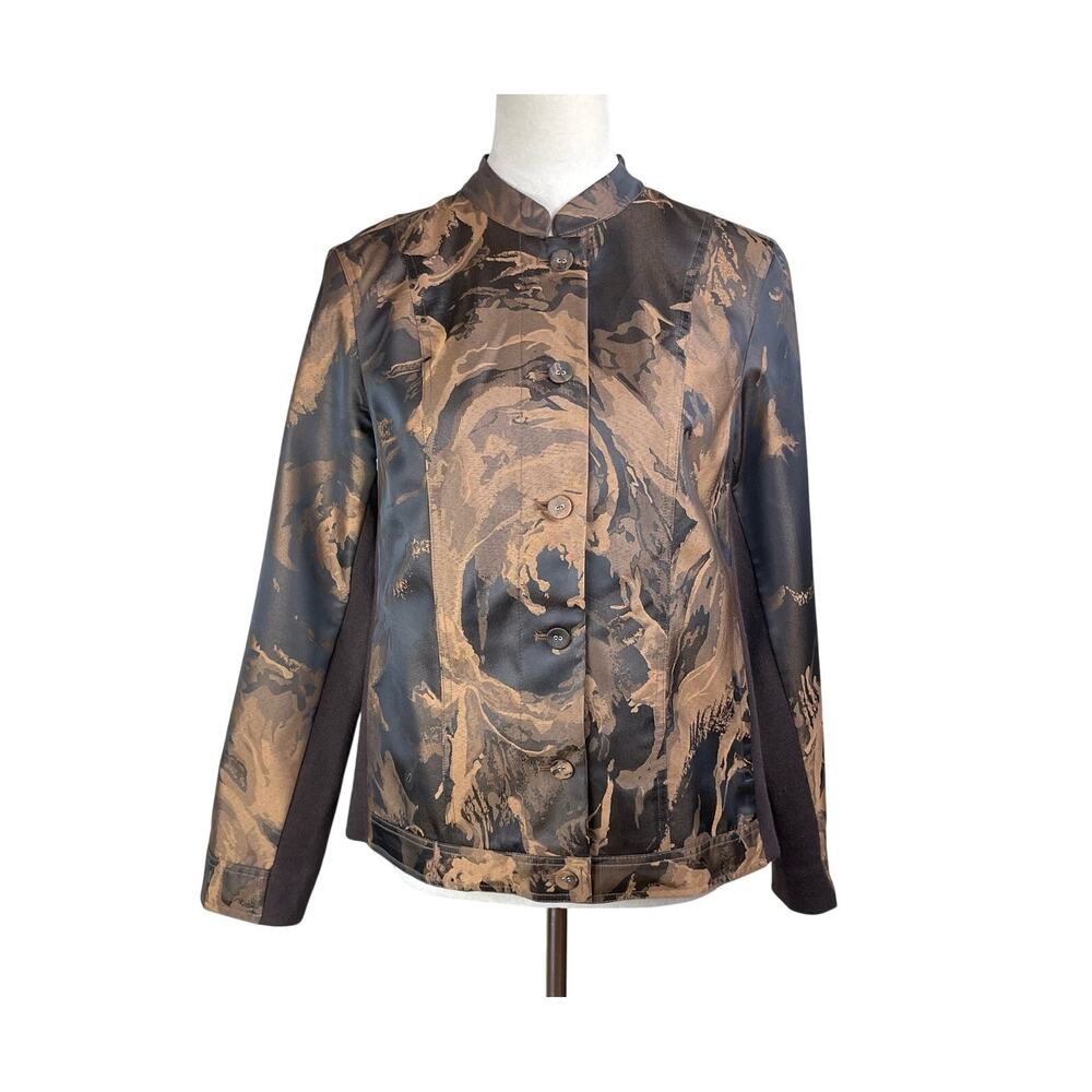 A La Carte Brown Pattern Band Collar Stretch Lightweight Button Up Jacket Pocket